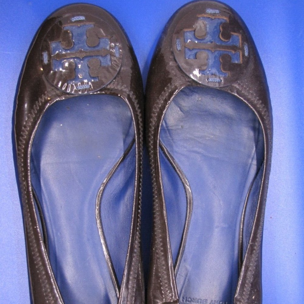 Tory Burch Reva Brown Patent Leather Round Toe Flats with Blue Inserts 10M Rare